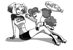 Size: 1610x1119 | Tagged: safe, artist:juliedraw2046, pinkie pie, earth pony, pony, belly button, clothes, converse, crossover, female, fingerless gloves, gloves, grayscale, harley quinn, looking at you, mare, midriff, monochrome, one eye closed, open mouth, pinkie puffs, raised hoof, shoes, smiling