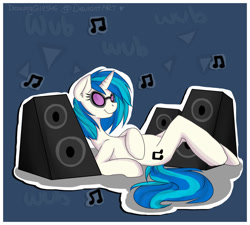 Size: 1024x922 | Tagged: safe, artist:drawing-heart, dj pon-3, vinyl scratch, pony, semi-anthro, unicorn, solo, speakers