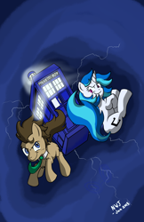 Size: 3300x5100 | Tagged: safe, artist:naivewolfjosh, dj pon-3, doctor whooves, vinyl scratch, pony, unicorn, crossover, doctor who, tardis