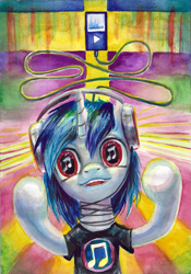 Size: 1637x2335 | Tagged: safe, artist:kaermter, dj pon-3, vinyl scratch, pony, bipedal, color porn, music player, psychedelic, solo, surreal, traditional art, wires