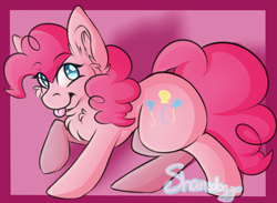 Size: 1024x750 | Tagged: safe, artist:sharkdoggo, pinkie pie, pony, chest fluff, solo, tongue out