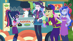 Size: 1906x1080 | Tagged: safe, screencap, carrot bun, cranky doodle donkey, princess celestia, princess luna, principal celestia, sci-twi, twilight sparkle, vice principal luna, better together, choose your own ending, equestria girls, the road less scheduled, the road less scheduled: celestia, background human, backwards ballcap, baseball cap, cap, female, food, food truck, glasses, hat, ice cream, ice cream cone, male, ponytail, royal sisters, siblings, sisters, sleeveless, sushi, wasabi