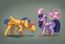 Size: 1024x701 | Tagged: safe, artist:joan-grace, flash sentry, twilight sparkle, twilight sparkle (alicorn), alicorn, pony, female, flashlight, flower, magic, male, royal guard, scroll, shipping, story included, straight, wing hands, wing hold