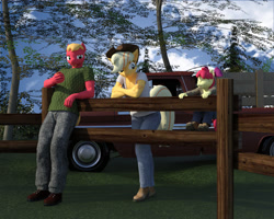 Size: 2400x1920 | Tagged: safe, artist:jawolfadultishart, apple bloom, applejack, big macintosh, anthro, plantigrade anthro, 3d, chevrolet, clothes, daz studio, fence, laughing, leaning, male, not sfm, smiling, truck