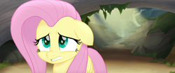 Size: 1920x804 | Tagged: safe, screencap, fluttershy, pegasus, pony, my little pony: the movie, sad, scared, solo