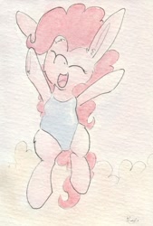 Size: 692x1023 | Tagged: safe, artist:slightlyshade, pinkie pie, pony, clothes, happy, one-piece swimsuit, solo, swimsuit, traditional art