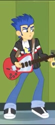 Size: 211x480 | Tagged: safe, screencap, flash sentry, equestria girls, rainbow rocks, angry, clothes, cropped, electric guitar, guitar, jacket, lockers, pants, shoes, sneakers, solo