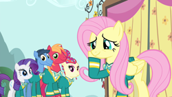 Size: 1280x720 | Tagged: safe, screencap, big macintosh, fluttershy, rarity, toe-tapper, torch song, pegasus, pony, unicorn, filli vanilli, bow ties, ponytones outfit, the ponytones