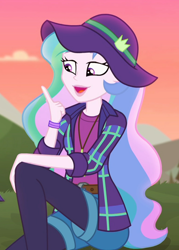 Size: 770x1076 | Tagged: safe, screencap, princess celestia, principal celestia, better together, choose your own ending, equestria girls, the road less scheduled, the road less scheduled: celestia, beautiful, cropped, female, hat, outdoors, solo focus