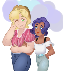 Size: 1024x1163 | Tagged: safe, artist:bewarethemusicman, applejack, rarity, human, alternate hairstyle, dark skin, female, freckles, humanized, lesbian, rarijack, shipping