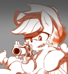 Size: 2176x2376 | Tagged: safe, artist:akainu_pony, applejack, earth pony, pony, alternate eye color, applejack's hat, cigarette, cowboy hat, crate, female, gray background, gun, handgun, hat, high res, hooves, limited palette, mare, open mouth, revolver, simple background, smoke, smoking, solo, teeth, weapon, who needs trigger fingers