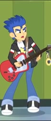 Size: 206x480 | Tagged: safe, screencap, flash sentry, equestria girls, rainbow rocks, angry, clothes, electric guitar, guitar, jacket, lockers, pants, shoes, sneakers, solo