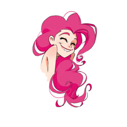 Size: 600x600 | Tagged: safe, artist:guywhodoesart, pinkie pie, human, bare shoulder portrait, bare shoulders, bust, cute, diapinkes, eyes closed, female, humanized, lip bite, long hair, nudity, portrait, simple background, smiling, solo, strategically covered, white background