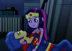 Size: 1600x1131 | Tagged: safe, artist:jucamovi1992, flash sentry, twilight sparkle, equestria girls, bare shoulders, crossover, crying, female, flashlight, injured, male, sad, shipping, sleeveless, straight, strapless, superman, wonder woman