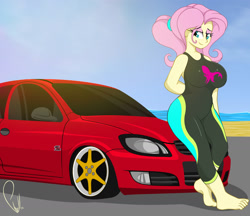 Size: 1600x1382 | Tagged: safe, artist:phyll, fluttershy, better together, equestria girls, forgotten friendship, adorasexy, alternate hairstyle, barefoot, beach, breasts, car, chevrolet, chevrolet celta, clothes, cute, feet, female, hootershy, lidded eyes, sexy, stupid sexy fluttershy, swimsuit, wetsuit