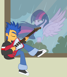 Size: 1262x1444 | Tagged: safe, artist:bbbhuey, flash sentry, twilight sparkle, equestria girls, electric guitar, eyes closed, female, flashlight, guitar, male, rain, sad, shipping, straight