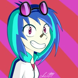 Size: 632x631 | Tagged: safe, artist:ace1999, dj pon-3, vinyl scratch, equestria girls, abstract background, bandage, grin, looking at you, smiling, solo