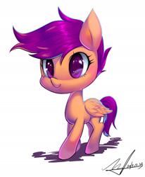 Size: 1819x2211 | Tagged: safe, artist:jggjqm522, scootaloo, pegasus, pony, cute, female, filly, signature, simple background, smiling, solo, white background