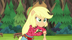 Size: 1280x720 | Tagged: safe, screencap, applejack, equestria girls, legend of everfree, boho, camp fashion show outfit, clothes, freckles, picnic table, ponied up, shorts, solo, table, tree