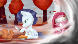 Size: 3309x1861 | Tagged: safe, artist:lixthefork, pinkie pie, soarin', pony, squirrel, autumn, backwards cutie mark, food, forest, knife, pie, pinkamena diane pie