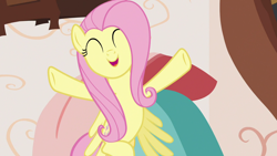 Size: 1280x720 | Tagged: safe, screencap, fluttershy, pegasus, pony, discordant harmony, cute, eyes closed, female, mare, open mouth, shyabetes, smiling, solo