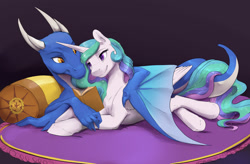 Size: 1650x1084 | Tagged: safe, artist:silfoe, princess celestia, oc, oc:azoth, alicorn, dragon, pony, canon x oc, commission, cuddling, duo, female, interspecies, male, mates, straight