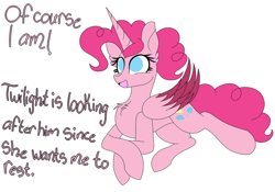 Size: 1280x897 | Tagged: safe, artist:tomboygirl45, pinkie pie, alicorn, pony, alicornified, ask, colored wings, multicolored wings, pinkiecorn, princessponk, prone, race swap, solo, tumblr, xk-class end-of-the-world scenario