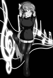 Size: 1874x2723 | Tagged: safe, artist:derpyramone, oc, oc only, oc:reppy, anthro, earth pony, big breasts, breasts, clothes, curvy, eyes closed, female, happy, headphones, hourglass figure, latex, latex socks, monochrome, music notes, raised leg, simple background, smiling, socks, solo, sweater, turtleneck