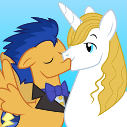 Size: 1001x1001 | Tagged: safe, artist:cloudyglow, flash sentry, prince blueblood, pony, blue background, bluesentry, crack shipping, gay, kissing, male, shipping, simple background, vincent tong, voice actor joke