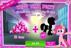 Size: 937x630 | Tagged: safe, pinkie pie, earth pony, pony, advertisement, bipedal, costs real money, female, gameloft, gem, greed, greedloft, hat, mare, mysterious pony, official, party hat, silhouette, unidentified pony