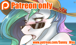 Size: 1672x1000 | Tagged: safe, artist:sunny way, princess celestia, alicorn, anthro, advertisement, beach, blushing, hat, horn, open mouth, patreon, patreon exclusive, patreon logo, patreon preview, paywall content, rcf community, solo, sunglasses, sunny