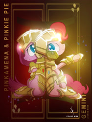 Size: 3161x4200 | Tagged: safe, artist:zidanemina, pinkie pie, earth pony, pony, armor, crossover, duo, female, gemini, helmet, horoscope, mare, pinkamena diane pie, raised hoof, saint seiya, self ponidox, sitting, zodiac