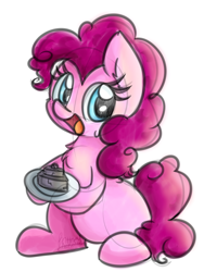 Size: 1024x1362 | Tagged: safe, artist:littleblackraencloud, pinkie pie, earth pony, pony, cake, chest fluff, cute, diapinkes, ear fluff, female, food, hoof hold, looking at you, mare, open mouth, plate, ponk, rock, simple background, sitting, smiling, solo, white background