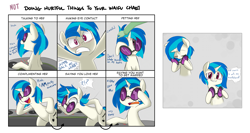 Size: 2451x1300 | Tagged: safe, artist:adequality, artist:jessy, dj pon-3, vinyl scratch, oc, oc:anon, pony, unicorn, accessory theft, blushing, cute, dialogue, doing loving things, female, good end, meme, tsundere, vinylbetes