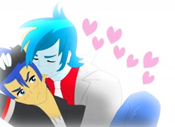 Size: 1600x1163 | Tagged: safe, artist:supermaxx92, flash sentry, thunderbass, equestria girls, biting, couple, ear bite, gay, male, shipping, thunderflash