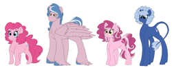 Size: 7049x2800 | Tagged: safe, artist:marukouhai, pinkie pie, oc, oc:dizzy head, oc:lucky treat, oc:okey, earth pony, pegasus, pony, unicorn, female, high res, leonine tail, male, mare, offspring, parent:pinkie pie, parent:pokey pierce, parents:pokeypie, simple background, stallion, unshorn fetlocks, white background