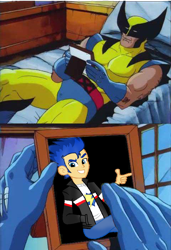 Size: 480x700 | Tagged: safe, artist:arthurcrane, flash sentry, pony, equestria girls, bed, crossover, crossover shipping, exploitable meme, gay, male, marvel, meme, shipping, wolverine, x-men, x-men the animated series