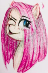 Size: 747x1136 | Tagged: safe, artist:dmagine, pinkie pie, earth pony, pony, bust, one eye closed, pinkamena diane pie, portrait, solo, tongue out, traditional art, wink