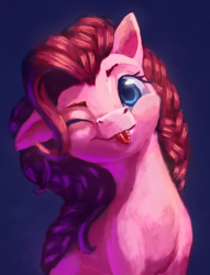 Size: 2560x3352 | Tagged: safe, artist:terrafomer, pinkie pie, earth pony, pony, blue background, female, high res, looking at you, mare, one eye closed, simple background, solo, tongue out, wink