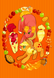 Size: 600x861 | Tagged: safe, artist:kirokokori, apple bloom, applejack, big macintosh, earth pony, pony, apple, apple fritter (food), apple jam, apple pie, apple siblings, cider, food, male, pie