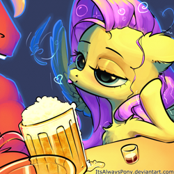 Size: 3000x3000 | Tagged: safe, artist:itsalwayspony, big macintosh, fluttershy, pegasus, pony, alcohol, bedroom eyes, beer, chest fluff, drunk, drunk bubbles, drunkershy, female, fluttermac, glass, heart, male, mare, messy mane, shipping, shot glass, smiling, spread wings, straight, tongue out, wingboner, wings