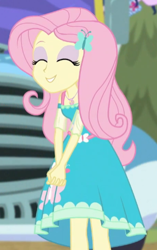 Size: 305x487 | Tagged: safe, screencap, fluttershy, better together, equestria girls, road trippin, cropped, cute, eyes closed, female, geode of fauna, magical geodes, shyabetes, solo