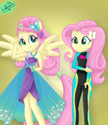 Size: 1300x1500 | Tagged: safe, artist:liniitadash23, fluttershy, better together, equestria girls, forgotten friendship, clothes, cute, dress, duality, flower, flower in hair, gradient background, ponied up, shyabetes, solo, wetsuit