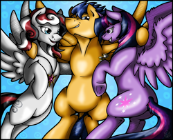 Size: 3540x2874 | Tagged: safe, artist:stormblaze-pegasus, flash sentry, twilight sparkle, twilight sparkle (alicorn), oc, oc:bridle timeout, alicorn, pegasus, pony, bisexual, canon x oc, commission, female, flash sentry gets all the mares, flashlight, lesbian, male, mare, polyamory, shipping, smiling, stallion, straight, trio