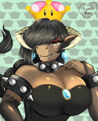 Size: 1300x1600 | Tagged: safe, artist:kitsunehino, oc, oc:melody strumvine, anthro, minotaur, big breasts, bowsette, breasts, choker, cleavage, clothes, commission, crown, digital art, dress, fangs, female, hair over one eye, huge breasts, jewelry, regalia, signature, smiling, solo, spiked choker, spiked wristband, super crown, wristband, ych result