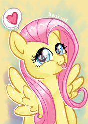 Size: 1240x1748 | Tagged: safe, artist:avui, fluttershy, pegasus, pony, cute, heart, looking at you, pictogram, shyabetes, silly, silly pony, sitting, smiling, solo, spread wings, tongue out, wings