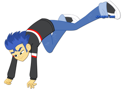 Size: 1600x1131 | Tagged: safe, artist:jucamovi1992, flash sentry, equestria girls, all fours, blue eyes, bucking, humans doing horse things, show accurate, simple background, solo, transparent background, vector, watermark