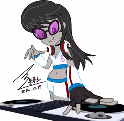 Size: 2264x2208 | Tagged: safe, artist:bluse, octavia melody, equestria girls, background removed, belly button, disk jockey, dj octavia, female, headphones, korean, midriff, role reversal, show accurate, signature, simple background, solo, sunglasses, turntable, white background