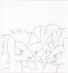 Size: 1700x1835 | Tagged: safe, artist:justanotherponyartblog, pinkie pie, soarin', thunderlane, earth pony, pegasus, pony, angry, facial expressions, female, grin, just another pony art blog, male, mare, nervous, nervous grin, pencil drawing, smiling, sneak peek, stallion, traditional art