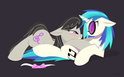 Size: 1280x800 | Tagged: safe, artist:hoverrover, dj pon-3, octavia melody, vinyl scratch, earth pony, pony, unicorn, bedroom eyes, blushing, bowtie, clothes on floor, cuddling, cutie mark, ear blush, eye contact, female, floppy ears, grin, hooves, horn, lesbian, lineless, looking at each other, lying down, male, mare, on back, scratchtavia, shipping, simple background, smiling, snuggling, sunglasses, teeth, wide eyes